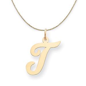 14k Yellow Gold Madison LG Classic Script Initial T Necklace - 18 Inch